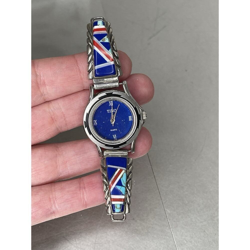 Native American Navajo Inlay Lapis Lazuli Turquoise Sterling Silver Watch Tips
